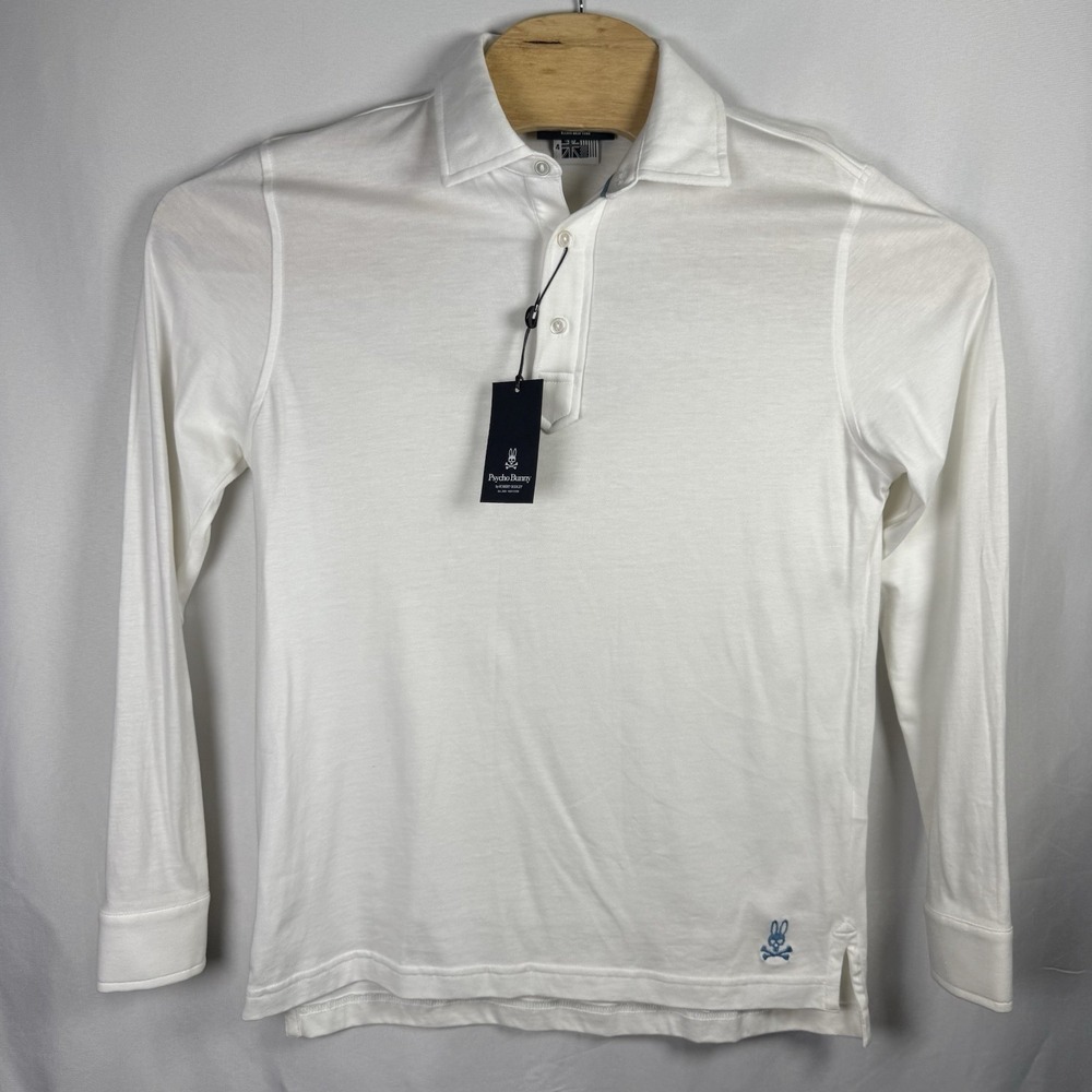 Psycho Bunny Men's Jackson Tipped Long‎ Sleeve White Polo Shirt Sz 4 Small VTG